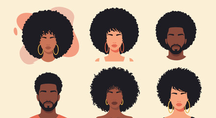 A beautiful collection of six portraits featuring Black men and women with various stylish afro hairstyles and diverse features.