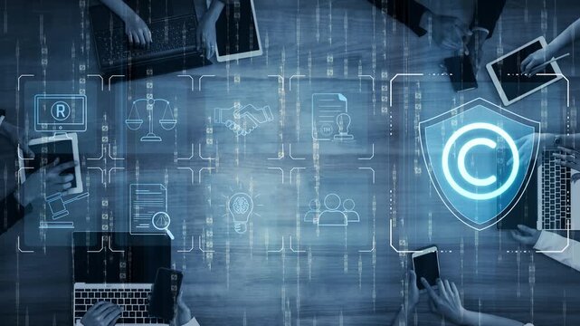 Digital copyright protection system showing secure ownership, intellectual property rights, content verification, and legal warning icons for creators and publishers Marrow