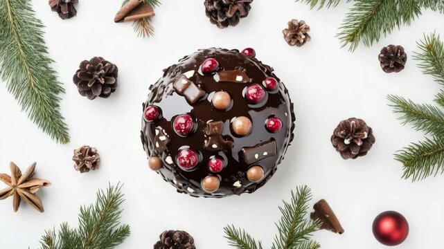 Chocolate christmas cake decorating with pine cones and fir branches