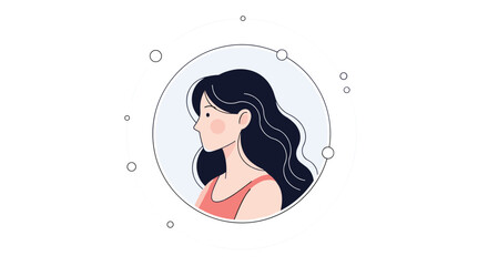 A lovely cartoon portrait of a young woman with long dark hair, shown in profile view inside a decorative circular frame.