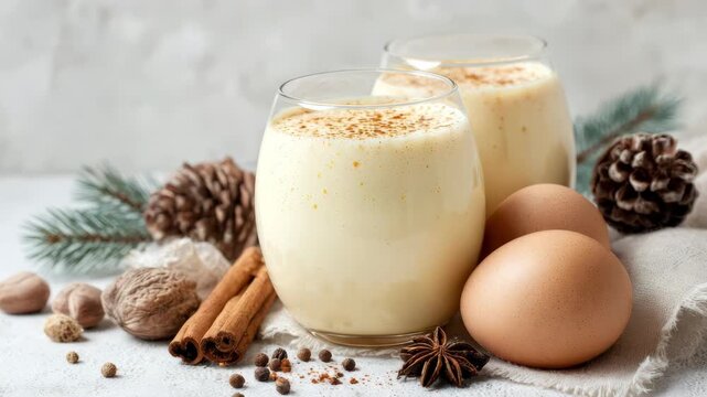 Eggnog beverage decorated with cinnamon and nutmeg for a festive christmas season