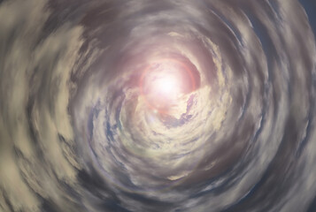 Tunnel from clouds background texture watercolor fairy-tale design unusual colorful