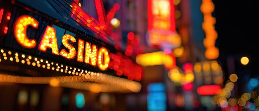 The Casino Neon Sign Glowing Over a Busy Nighttime Street With Colorful Bokeh Lights - Powered by Adobe