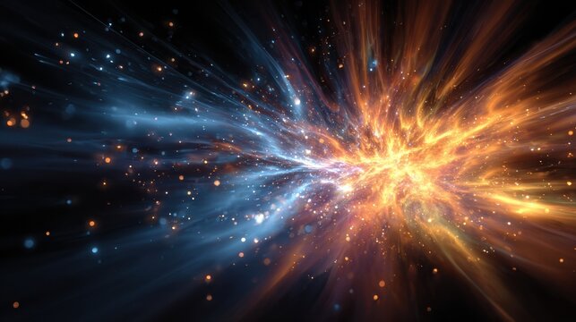 A vibrant explosion of colors occurs in the cosmos, showcasing bright orange and blue hues. This scene captures the energy release typical of stellar events in deep space.