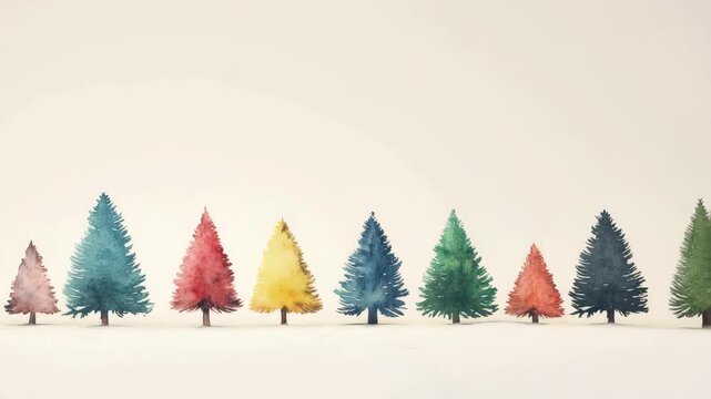 Watercolor painting showing a row of colorful christmas trees on a simple white background capturing a festive mood, copy space