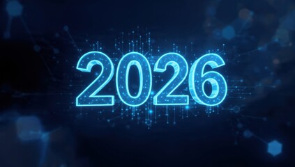 2026 Digital Future Concept. Glowing neon blue numbers overlaid on a dark high-tech background with abstract network connections, symbolizing technology, innovation, and progress.