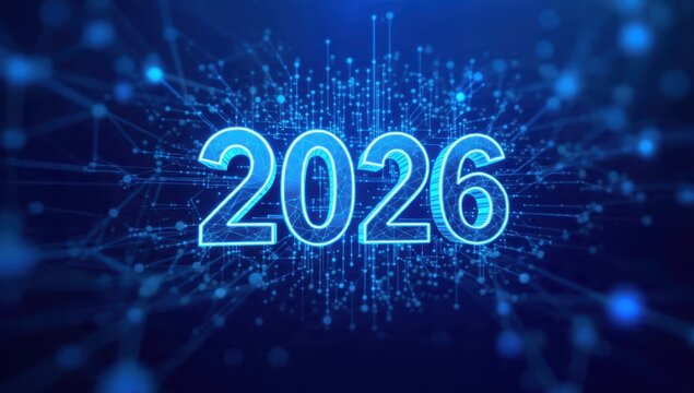 Futuristic Digital New Year 2026 Typography on Abstract Blue Technology Network Background. Modern Big Data, AI, and Innovation Concept. - Powered by Adobe