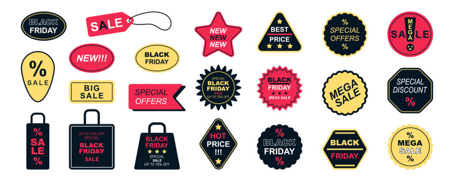 Big Collection tags and stickers for Black Friday sales. Various geometric shapes with inscriptions. Big Set for sales, discounts, Black Friday, Cyber Monday and stores. Set on white background - Powered by Adobe
