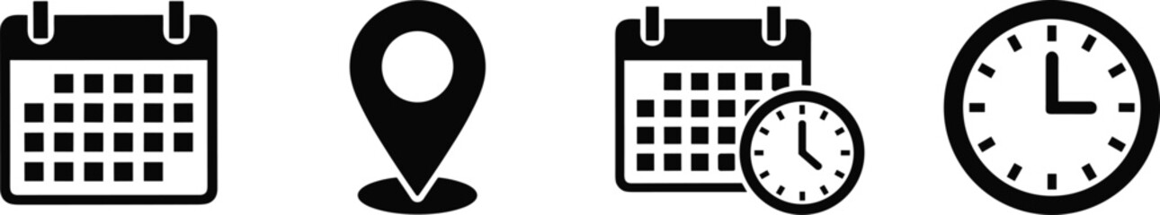 Bold solid icon set featuring calendar dates, location pin, schedule reminder, and wall clock symbols for time management, planning, navigation, productivity, and event organization