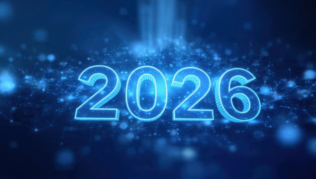 Futuristic 2026 3D text glowing blue neon in a digital technology network background. Concept of New Year, future connectivity, planning, innovation, and digital transformation. - Powered by Adobe