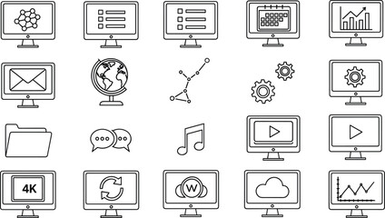 Computer monitor line icons set featuring analytics, communication, cloud storage, media, workflow tools, productivity elements, global network and digital technology illustrations