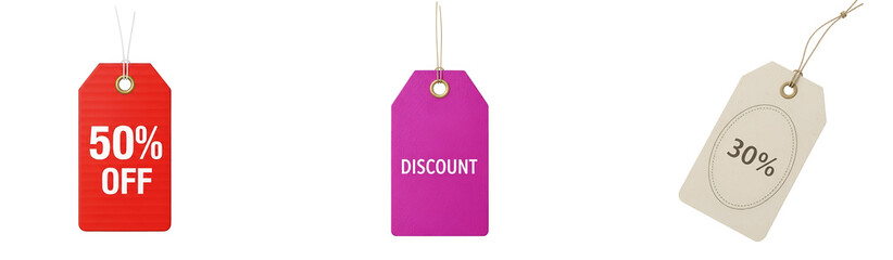 Three hanging price tags displaying sale percentages and the word discount on a plain setting on transparent background