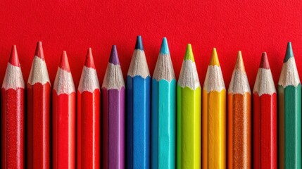 Fototapeta premium A vibrant display of colored pencils lies neatly aligned on a bright red background. Each pencil showcases a unique hue, perfect for various creative projects.