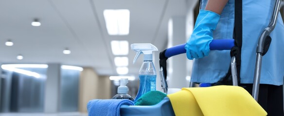 The Cleaning Cart Loaded With Supplies in a Modern Office Corridor