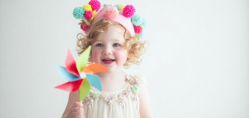 Fototapeta premium The little girl with colorful pompom headband holding a bright pinwheel toy