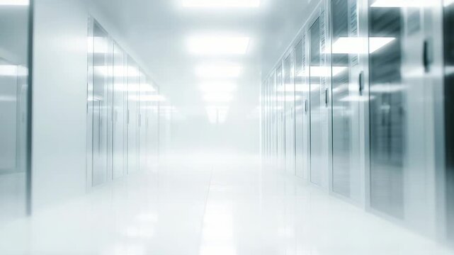 Modern data center corridor with bright lighting and reflective white floors, showcasing advanced server racks and high tech infrastructure. Futuristic technology environment for cloud computing