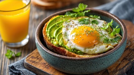 A hearty bowl features avocado spread on toasted bread, topped with a sunny side up egg and garnished with herbs. A glass of orange juice complements the meal.