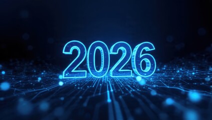 Futuristic 2026 Glowing Neon Number on Dark Blue Digital Technology Background. Abstract Network Grid Lines and Bokeh Lights Symbolizing Innovation, Data, and High-Tech Future.