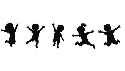 Obraz premium Silhouettes of five children jumping with joy against a white background.