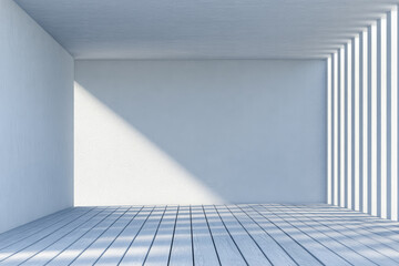 Obraz premium Bright and minimalistic room with natural light creating shadows on wooden floor