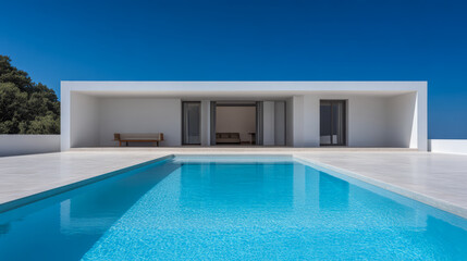 Fototapeta premium Modern villa with pool under clear blue sky surrounded by nature during bright sunny day