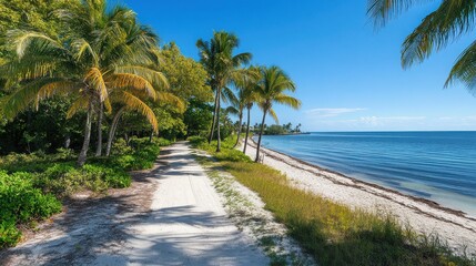 Avenue of Tall Tropical Palm Trees Leading to a Sunny Beach and Blue Ocean