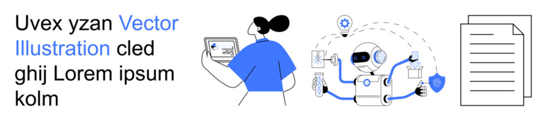 Artificial intelligence, automation, teamwork, modern technology, digital operations, innovation. Female operator interacting with robotic assistant and documents. AI and automation concept