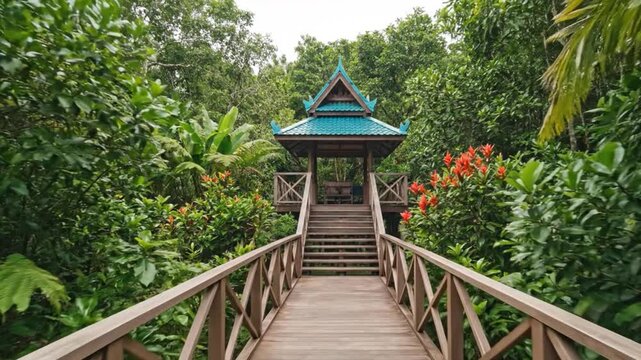 Walking Towards a Tropical Forest Gazebo on Wooden Bridge | POV Eye-Level Shot