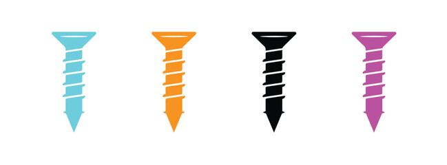 Collection of black silhouettes of screws. Various types of fasteners for construction work. Colorful screw icons perfect for hardware design projects.