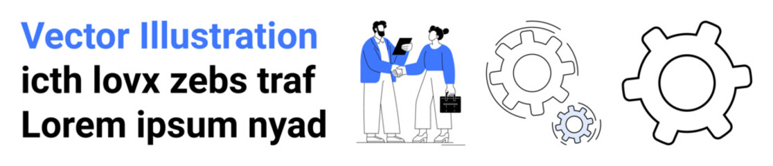 Business strategy, partnership, teamwork, cooperation, mechanical processes, collaboration. Two people shaking hands with large cogwheels. Business strategy and partnership concept