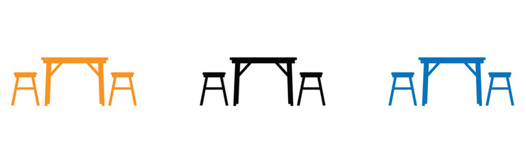 Dining table icon vector design.  Simple outdoor dining set icons in three color styles.