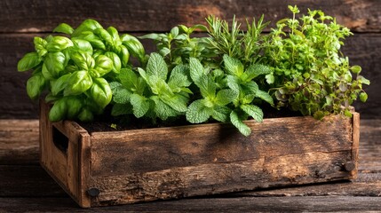 Fresh herbs like basil, mint, rosemary, and oregano thrive in a rustic wooden box. This indoor garden adds greenery and flavor to any home while offering an inviting atmosphere.