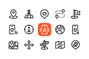 Outline map and navigation icon set