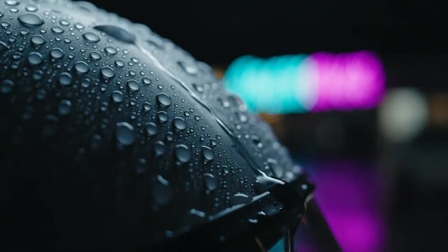 A detailed nighttime macro of a wet helmet surface featuring tiny droplets reflecting soft street lights, creating rich micro-textures in a dark minimal setting