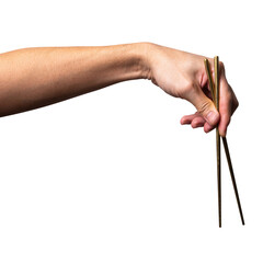 isolated of a man's hand holding a golden chopstick.