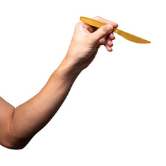 Male hand holding a gold plastic cooking knife isolated on white background.