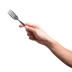 Male hand holding a black plastic fork isolated on white background.