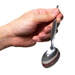 Male hand holding a black plastic spoon isolated on white background.
