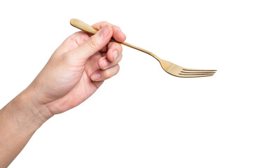 isolated of a man's hand holding a golden steel fork.