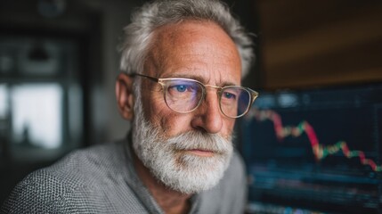 An older man with glasses focuses intently on a computer screen displaying stock market data in a bright, modern workspace. He appears deep in thought while working.