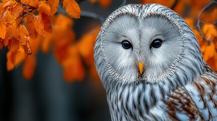Close-up of an owl with orange leaves in the background.