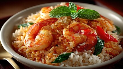 Bowl of rice with shrimp and green herbs on top close up.