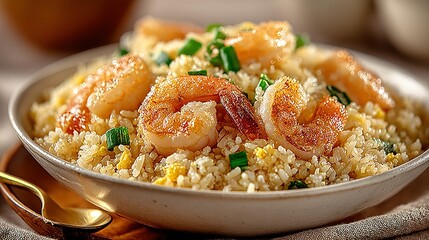 Shrimp fried rice in a bowl with green onions on a neutral background.