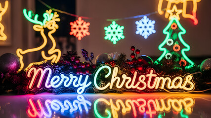 Bright illuminated neon Christmas typography with festive symbols like snowflakes and reindeer. High-quality holiday display with vivid lighting and elegant winter ornaments on a table.