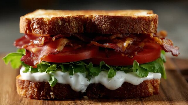 Gourmet Blt Sandwich with Crispy Bacon and Fresh Vegetables on Toasted Bread Placed on Wooden Cutting Board in Studio Light