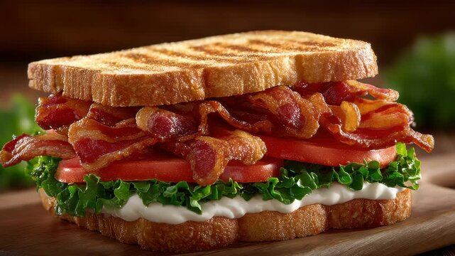 Crispy Bacon Lettuce and Tomato Sandwich with White Sauce on Grilled Bread and Wood Cutting Board in a Studio Setting Warm Lighting Style