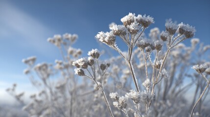 Obraz premium Delicate wildflowers are covered in frost, creating a beautiful winter scene. The blue sky above enhances the serene atmosphere of the snowy landscape.