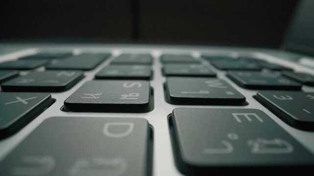 Close-up macro view of keyboard on the laptop computer or desktop computer. Macro soft focus dolly shot Glean