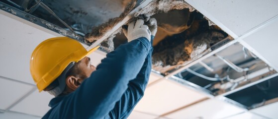The construction worker repairing ceiling insulation and electrical wiring in commercial building