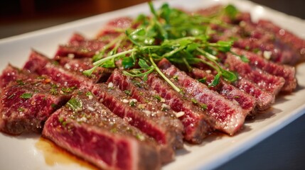 Fototapeta premium Succulent slices of grilled steak are neatly arranged on a white platter, adorned with a sprinkle of fresh herbs to enhance the visual appeal and flavor. Perfect for a hearty meal.